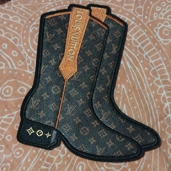 Fashion Black Leather Brown Cowboy Boots (Iron On Patch) - Picture 1 of 3